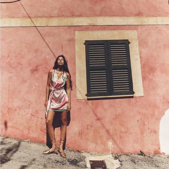 ZARA PATCHWORK PRINT DRESS MINI XS PINK GREEN PATTERNED SILK EFFECT 3253/221 - Picture 2 of 13